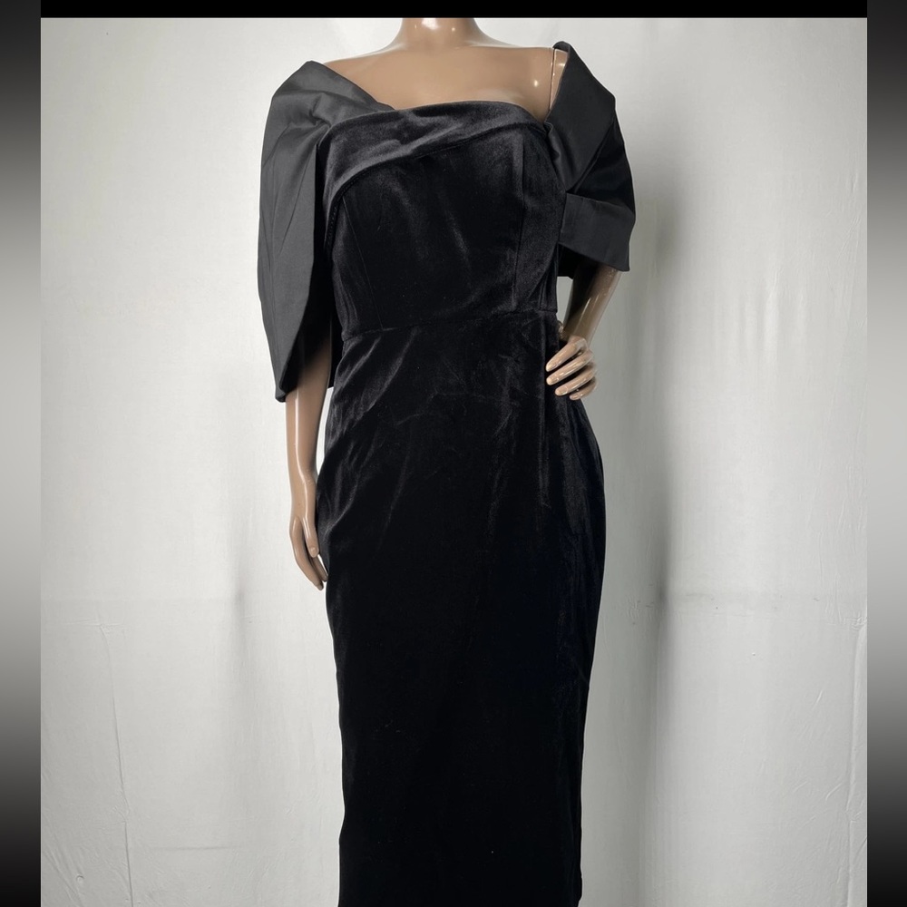 Jarlo Womens Midi Dress Black Velvet Size 8 Iris Off Shoulder Sculpted Sleeve